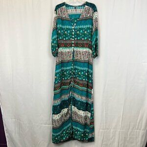 FH Womens Dress Blue Pink Maxi Floral Print Button Front V Neck 3/4 Sleeve S